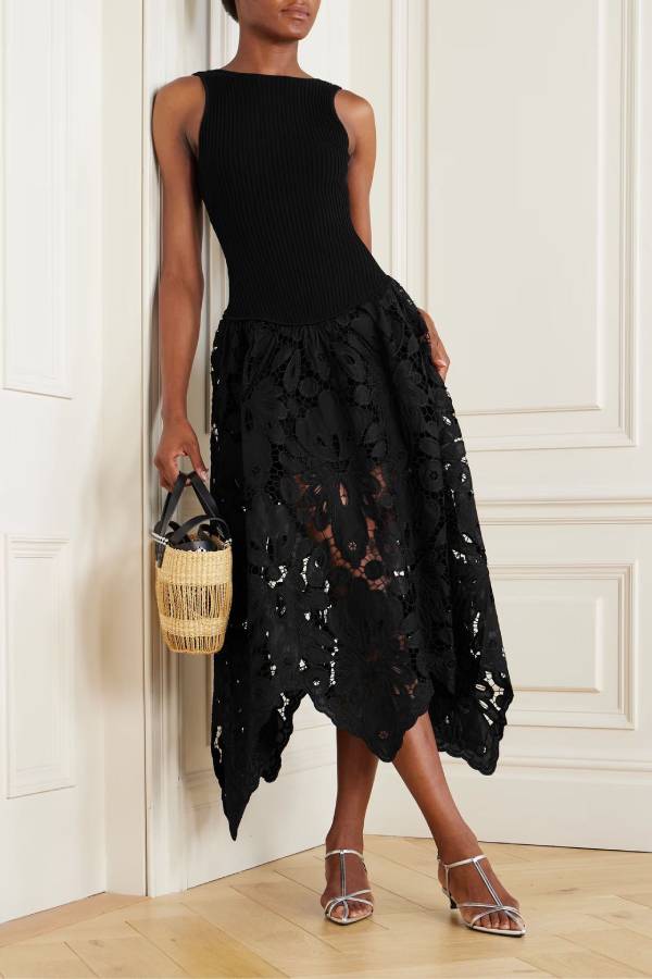 Sleeveless Rib Knit Lace Asymmetric Midi Dress