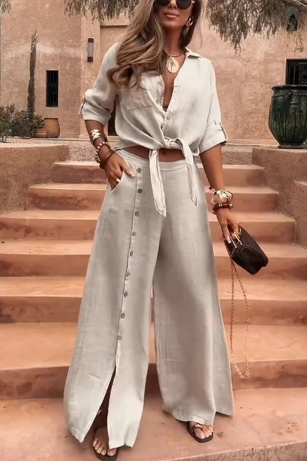 Solid Color Lapel Casual Button-down Shirt and Loose Pocket Slit Wide-leg Pants Set