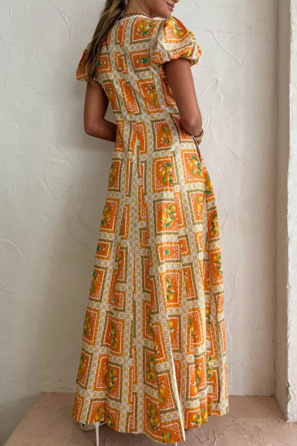 Orange V-neck Square Print Wavy Maxi Skirt