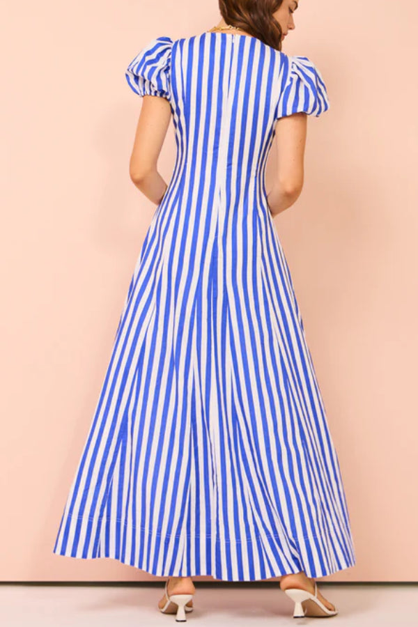 Indulge in Timeless Striped Print Puff Sleeve Pocketed Wavy Maxi Dress