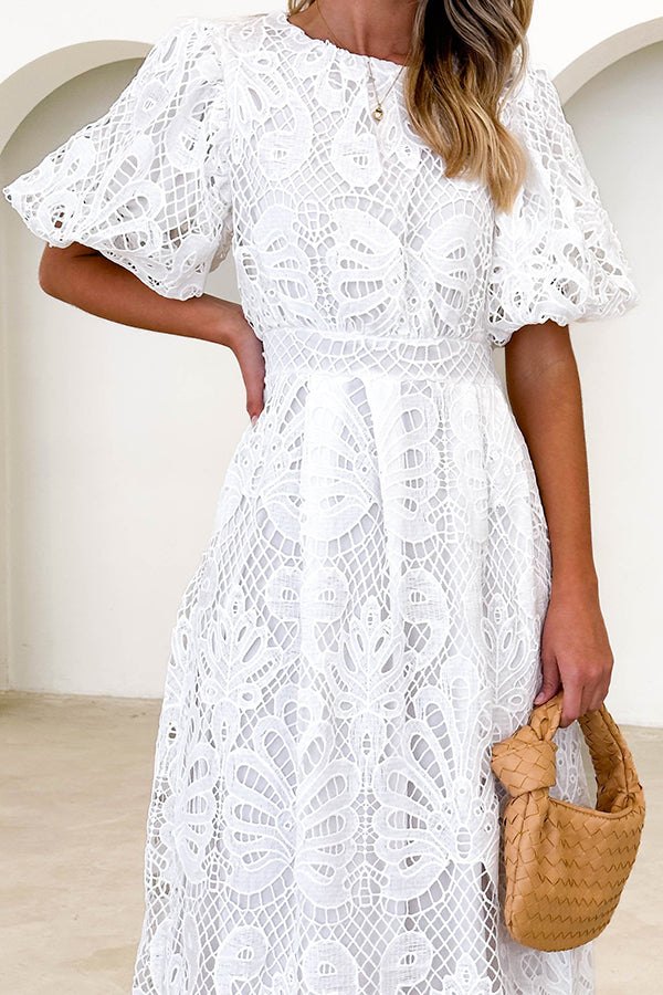 Date To Remember Crochet Lace Puff Sleeves Midi Dress