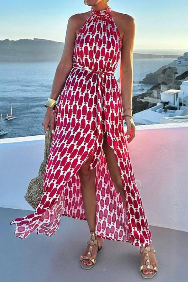 Sexy And Fashionable Printed Halter Neck Beach Slit Midi Dress