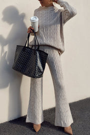 Round neck lazy style sweater design twist wide leg pants knitted suit