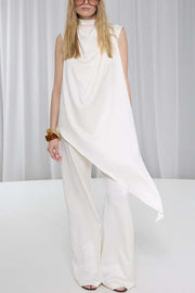 Simply Luxe Satin High Neck Irregular Hem Top and Elastic Waist Flare Loose Pants Set