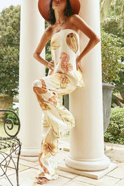 Island Time Linen Blend Unique Print Strapless Top and Elastic Waist Pocket Loose Pants Set