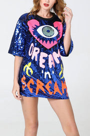 Love Eyes Letters Sequined Round Neck Short Sleeve Mid-Length Loose T-Shirt