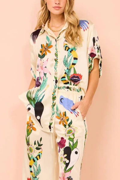 MODERN SOPHISTICATED FEEL SATIN UNIQUE PRINT BUTTON DOWN OVERSIZED BLOUSE
