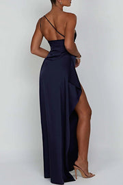 Fits Your Curves Satin One Shoulder Drape Slit Maxi Dress