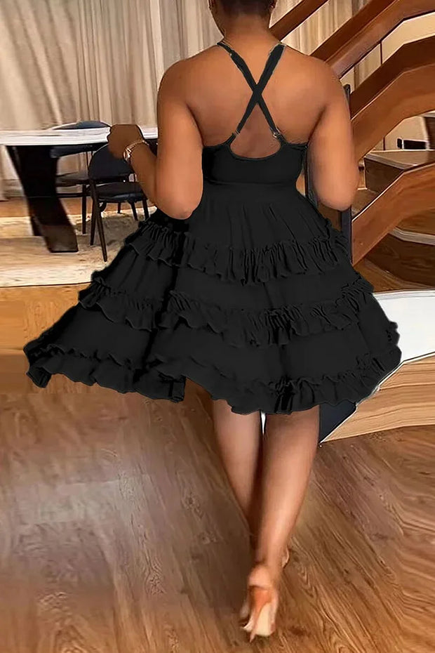 CUT OUT HALTER CROSSOVER BACKLESS A-LINE TIERED RUFFLED COCKTAIL PARTY MINI DRESSES [PRE ORDER]