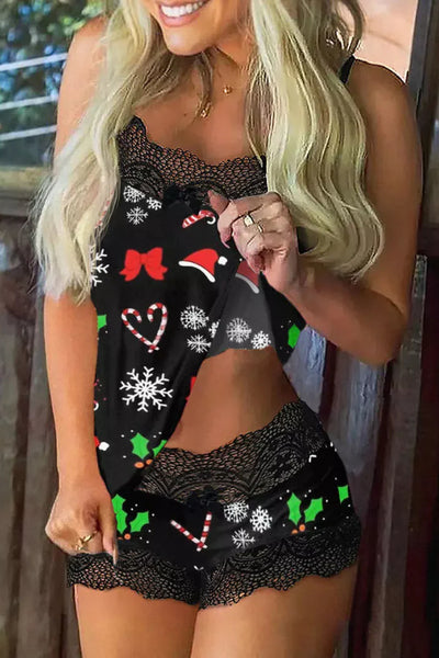 Christmas Hat Snowflake Lace Splicing Camisole And Shorts Pajamas Set