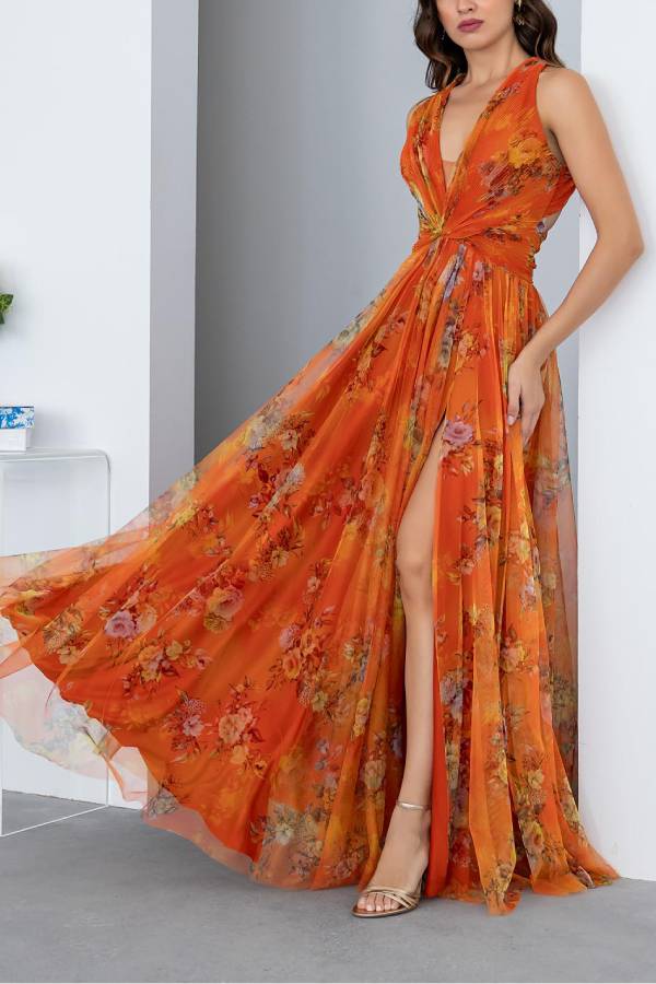 Autumn Romantic Floral Tulle Twist Detail Backless Slit Formal Maxi Dress