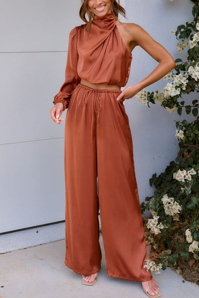 Esther Satin One Shoulder High Neck Top and Elastic Waist Pocketed Pants Set