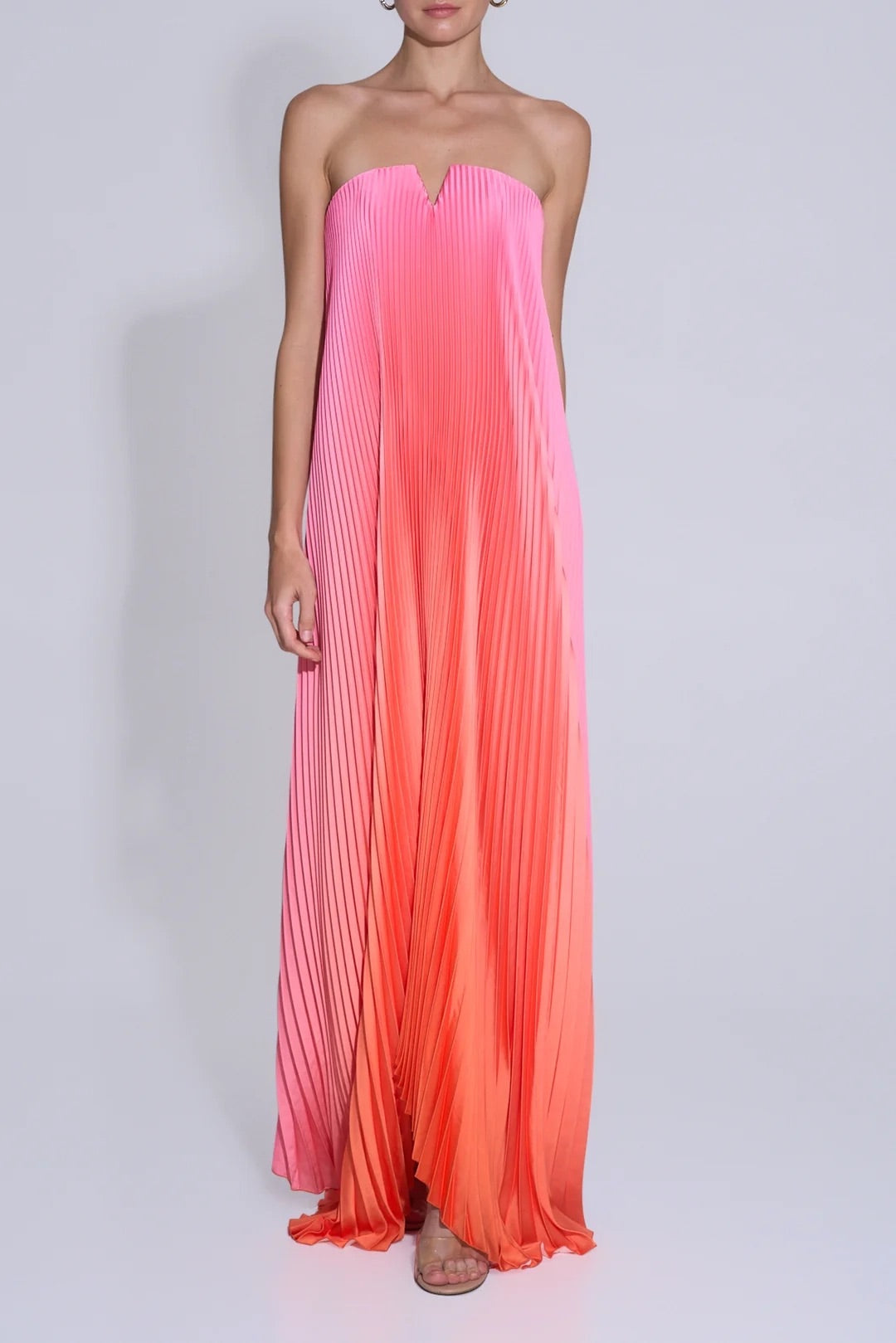 Strapless Notch Neck Ombre Pleated Maxi Dress