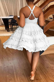 CUT OUT HALTER CROSSOVER BACKLESS A-LINE TIERED RUFFLED COCKTAIL PARTY MINI DRESSES [PRE ORDER]