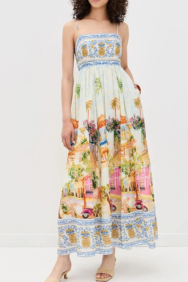 Aracati Multicolor Unique Print Back Smocked Pocket Maxi Dress