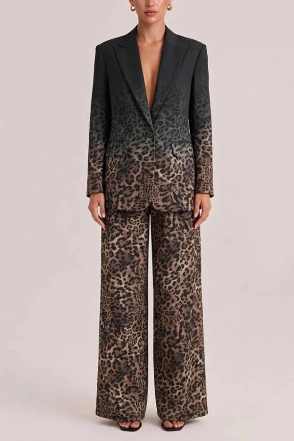 Ombré Leopard Print Blazer and Wide Leg Pants Two Piece Suit Set