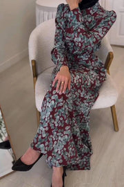 Contrast color printed long-sleeved maxi dress