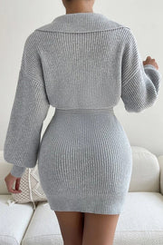 Lapel Balloon Sleeve Knit Dress