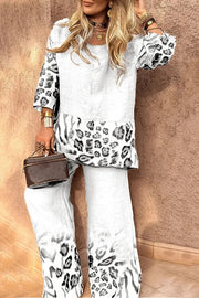 Leopard Print Crew Neck Loose Top and Elastic Waist Casual Wide-leg Pants Set