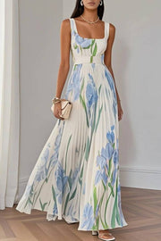 White Pleated Floral Chiffon Square Neck Sleeveless A-Line Maxi Dress