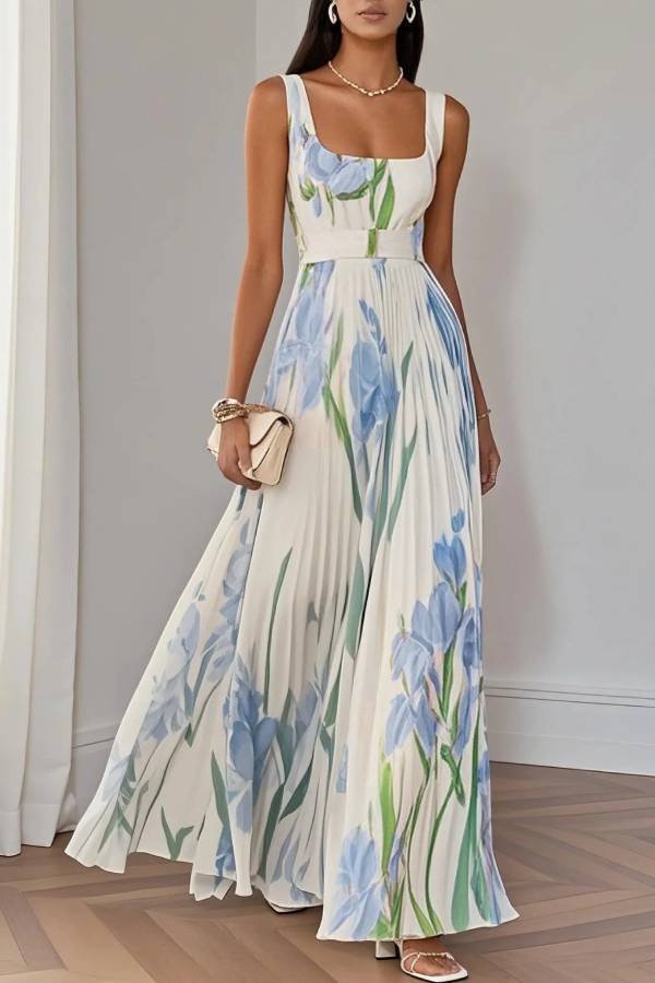 White Pleated Floral Chiffon Square Neck Sleeveless A-Line Maxi Dress