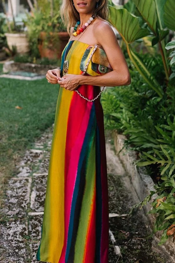 Artistic Rainbow Satin Watercolor Print Off Shoulder Pocketed H-line Maxi Dress