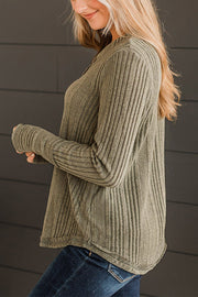 Pickle Green V Neck Buttoned Ribbed Knit Top