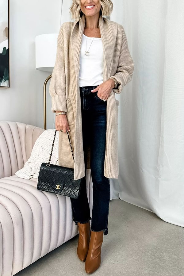 Fall Harvest Knit Lapel Pocketed Duster Cardigan