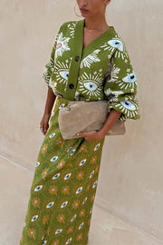 Mysterious Magic Knit Eye Heart Pattern Button Up Long Sleeve Loose Cardigan