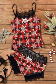 Christmas Snowflake Plaid Lace Camisole And Shorts Pajamas Set