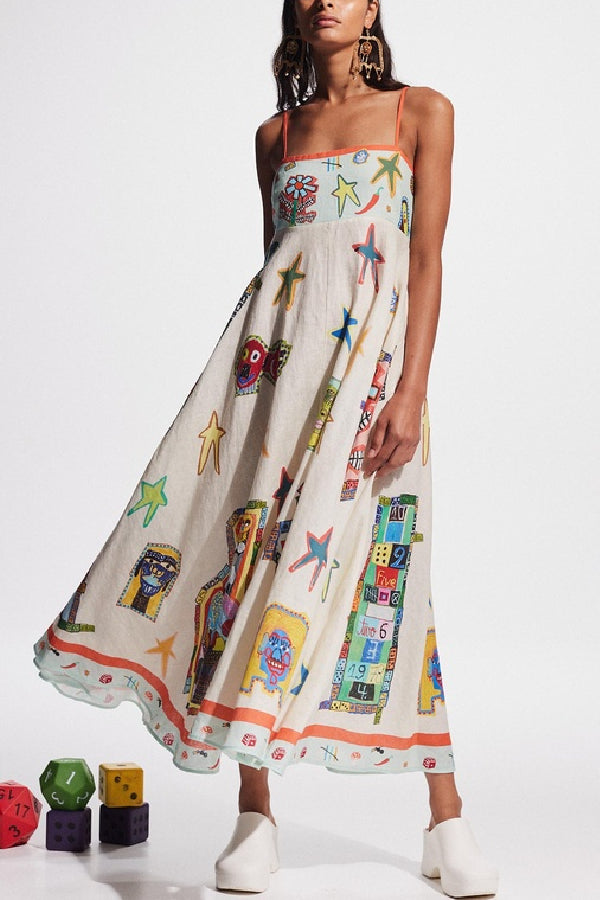 Miami Happy Hour Linen Blend Unique Print Smocked Back Pocketed Maxi Dress