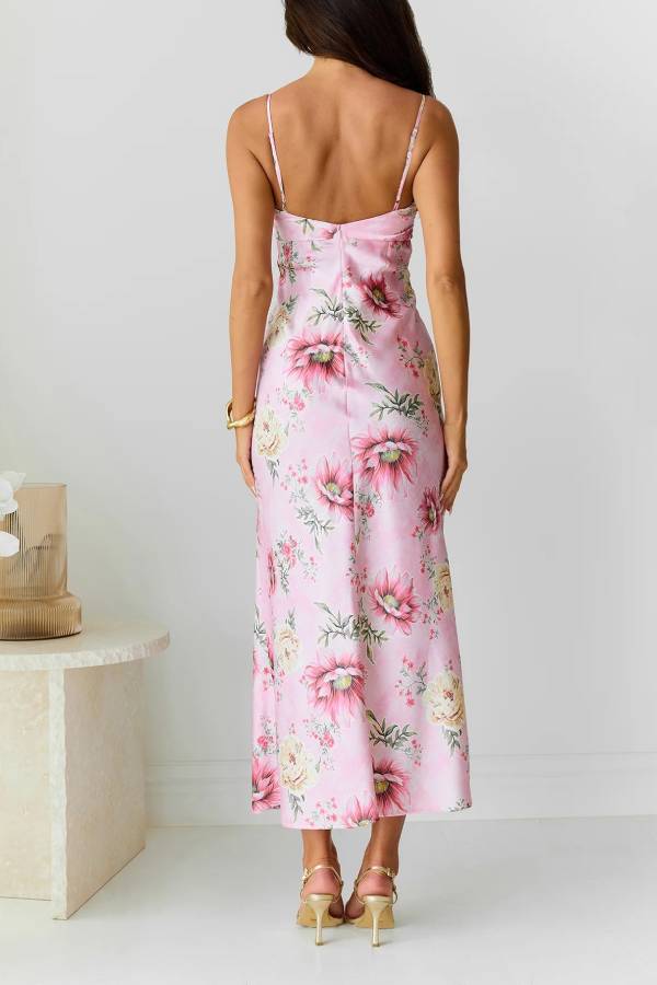 Sun Drenched Shores Satin Floral Print Cutout Bust Slip Midi Dress