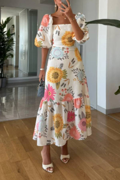 Square Neck Floral Print Puff Sleeve Midi Dress