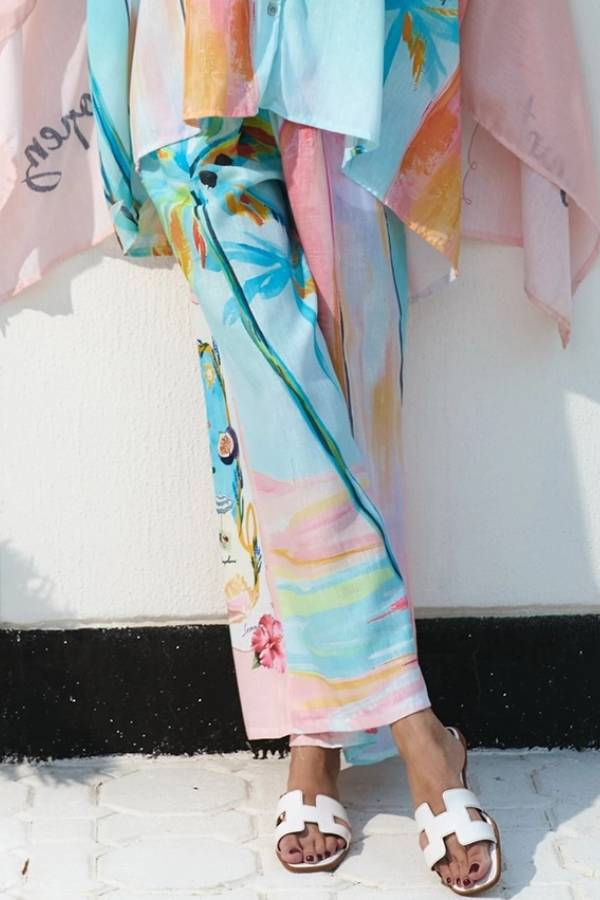 Unique Oil Painting Coconut Tree Print Wide Leg Pants
