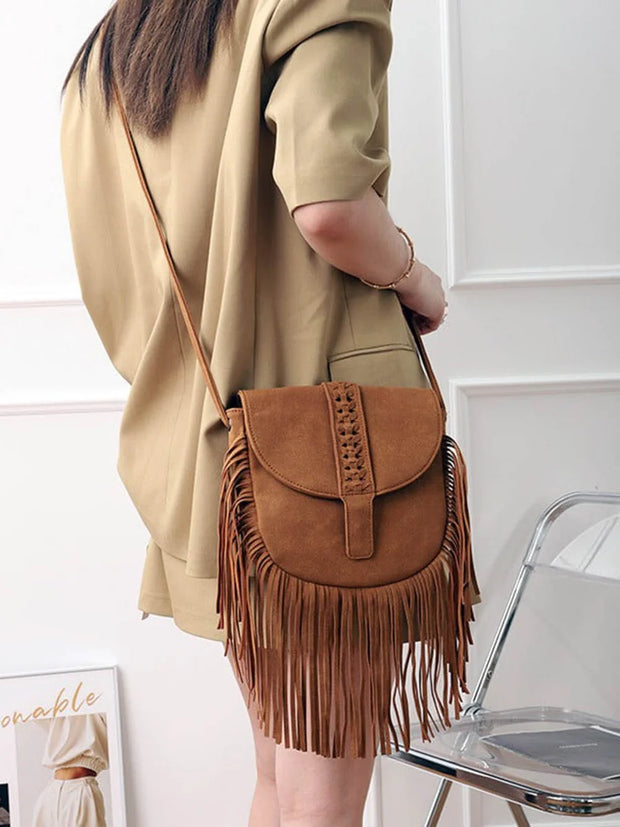 Women Semi Circular Leather Tassel Crossbody Bag