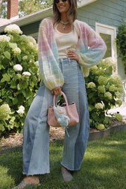 Palette Day Knit Color Blocks Open Front Balloon Sleeve Loose Cardigan