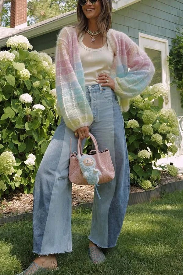 Palette Day Knit Color Blocks Open Front Balloon Sleeve Loose Cardigan