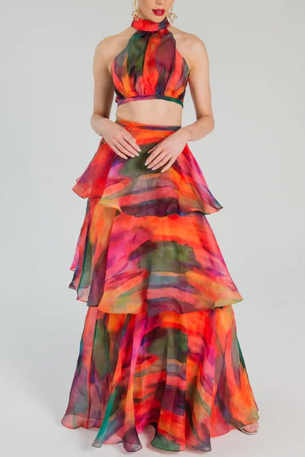 Playful Silhouette Tulle Aquarelle Print Crop Tank and Tiered Maxi Skirt Set