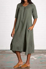 Round Neck Half Sleeve Long Solid Color Casual Cotton Linen Dress