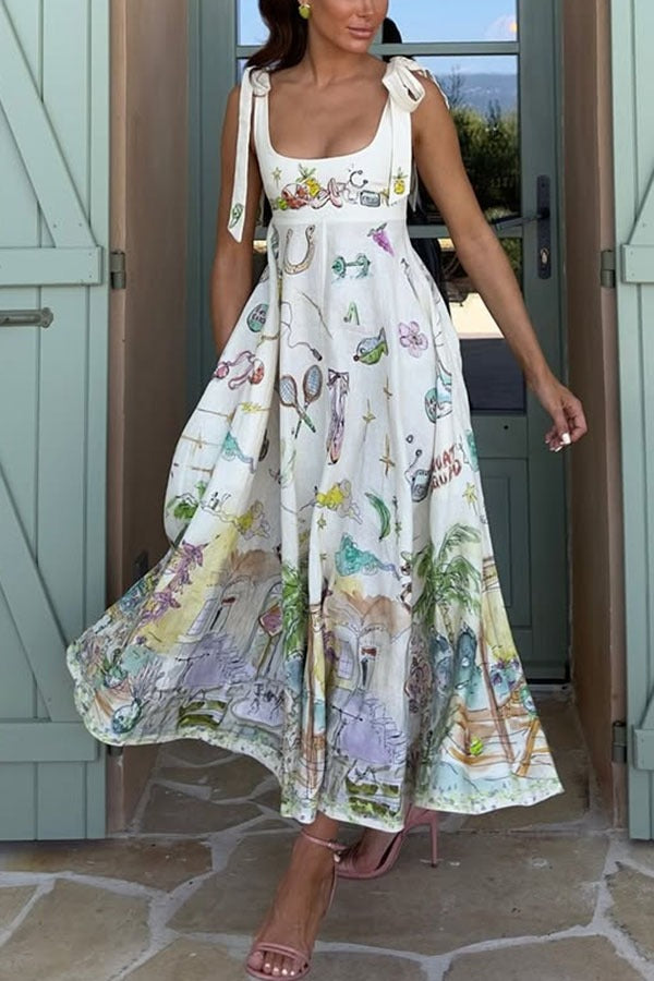 Euro Summer View Linen Blend Unique Print Tie-up Straps Pocket Midi Dress