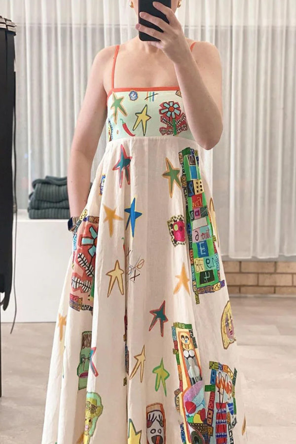 Abstract Cartoon Print Suspender Dress