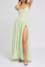 Ulissa Light Green Square Neck Jacquard Textured High Slit Maxi Dress