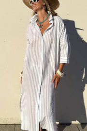 All-match Striped Button Up Half Sleeve Belted Pocket Shirt Midi Dress