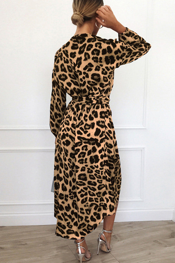 Sexy V-neck leopard print long-sleeved chiffon dress