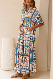 Unique Print Lapel Short Sleeve Loose Shirt and Elastic Waist Casual Pocket Wide Leg Pants Set