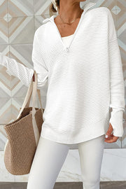 Half-Zip V-Neck Relaxed Rib-Knit Sweater