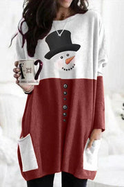 Snowman Print Long Sleeve Pocket Pullover Mini Dress