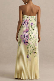 For Every Occasion Satin Pleated Floral Print V-wire Bandeau Neck Maxi Dress