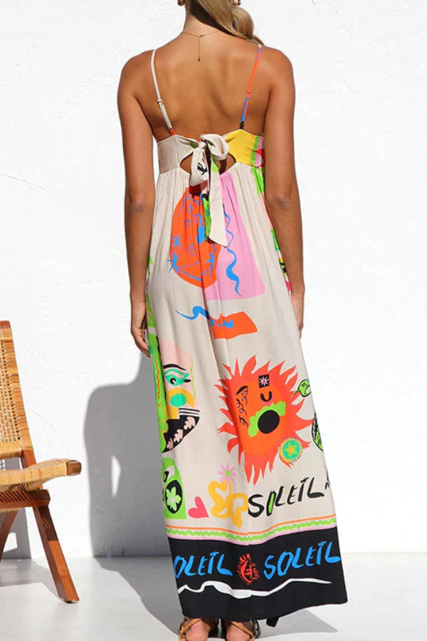 Tie Back Cut Out Graffiti Print Flowy Maxi Cami Dress