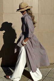 All-match Striped Button Up Half Sleeve Belted Pocket Shirt Midi Dress